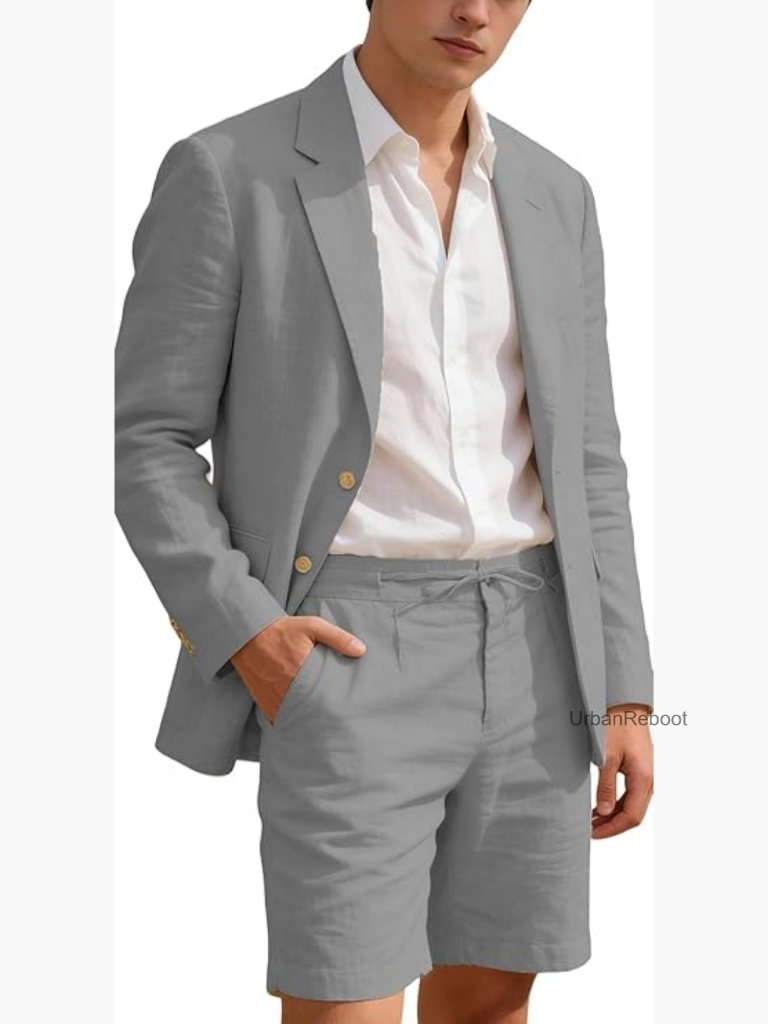 2 Piece Linen Men's Suit Set - Blazer Jacket And Shorts For Summer Beach Wedding